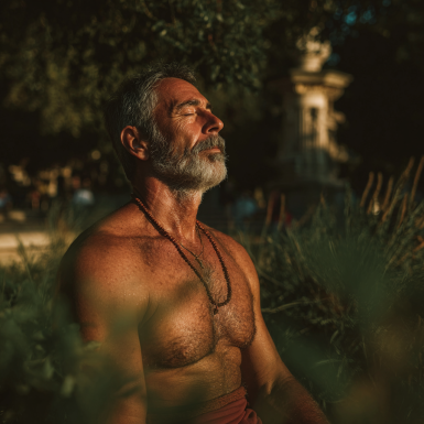 Зріла жінка виконує йогу на природі