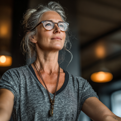 Група літніх людей займається йогою